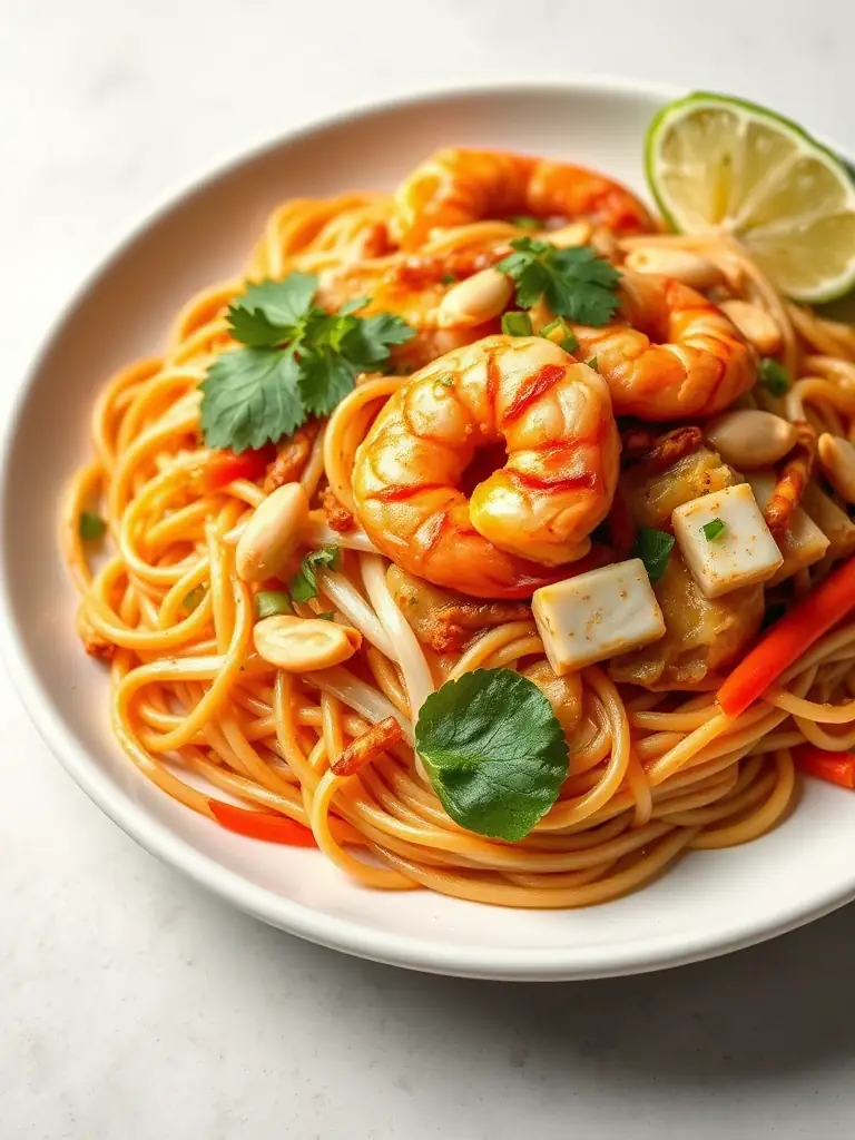 A beautifully plated serving of Pad Thai, highlighting the noodles, shrimp, tofu, peanuts, and bean sprouts, garnished with a lime wedge.