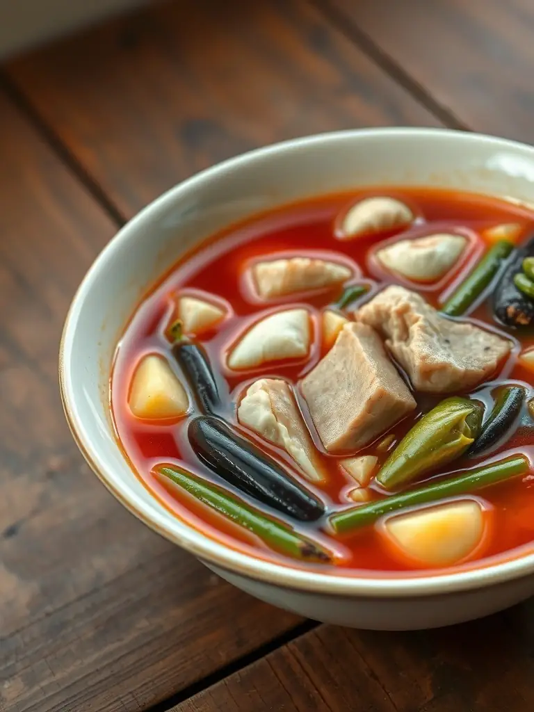 A vibrant image of a steaming bowl of Sinigang, highlighting the rich broth and assortment of vegetables and meat.