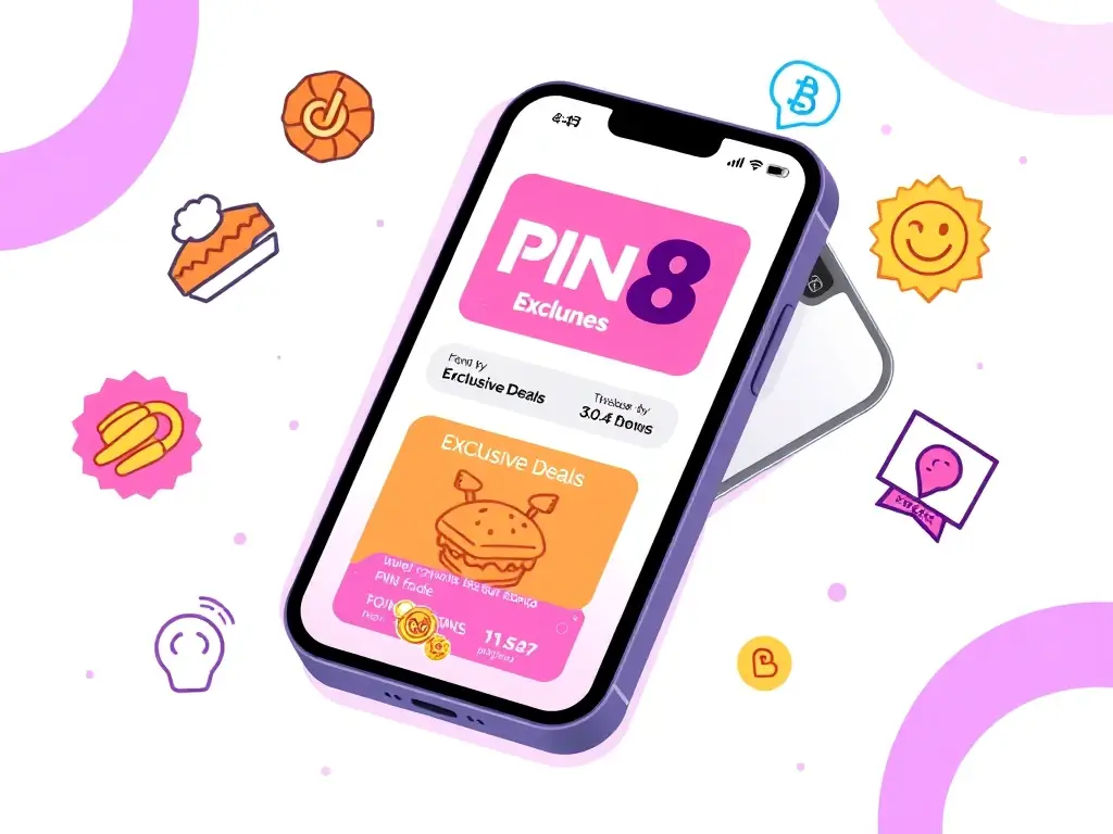 A smartphone displaying the PIN8 app interface, highlighting exclusive deals and promotions for app users.