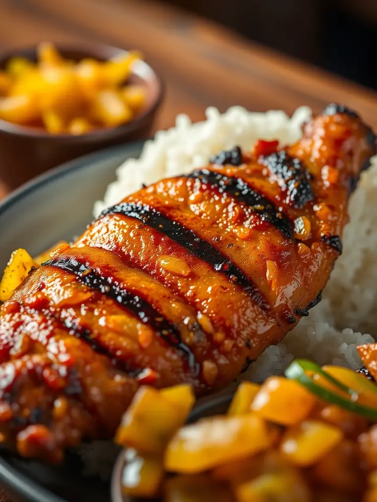 A close-up shot of sizzling Chicken Inasal, showcasing its marinated chicken grilled to perfection, served with rice and atchara.