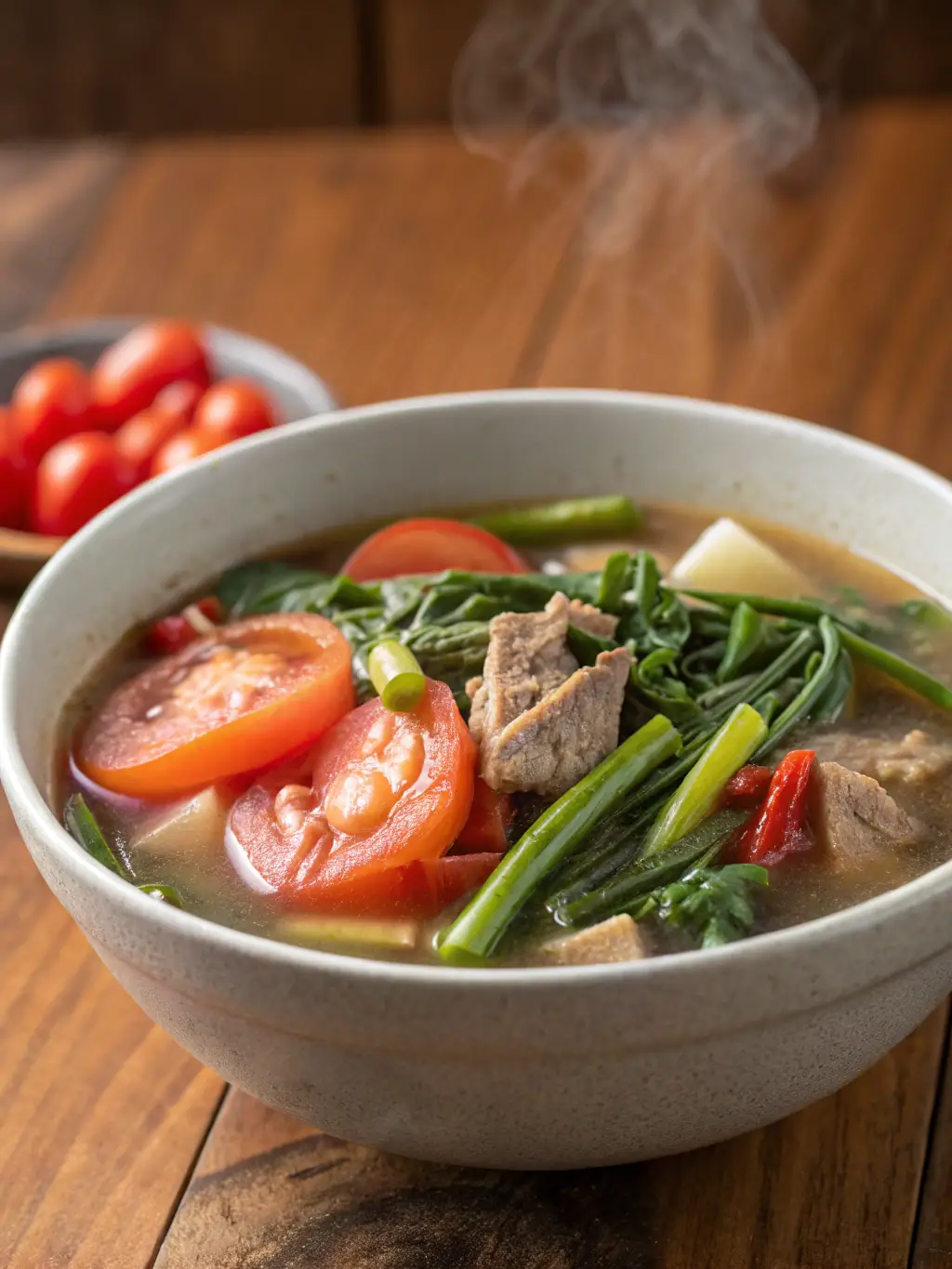 A steaming bowl of Sinigang, showcasing the tamarind broth, vegetables, and meat (pork or seafood), with a garnish of fresh cilantro.