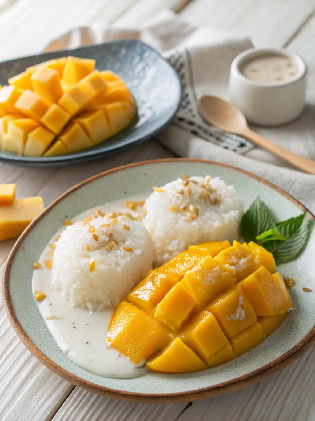 A tempting image of Mango Sticky Rice, featuring sweet sticky rice topped with fresh mango slices and drizzled with coconut milk.