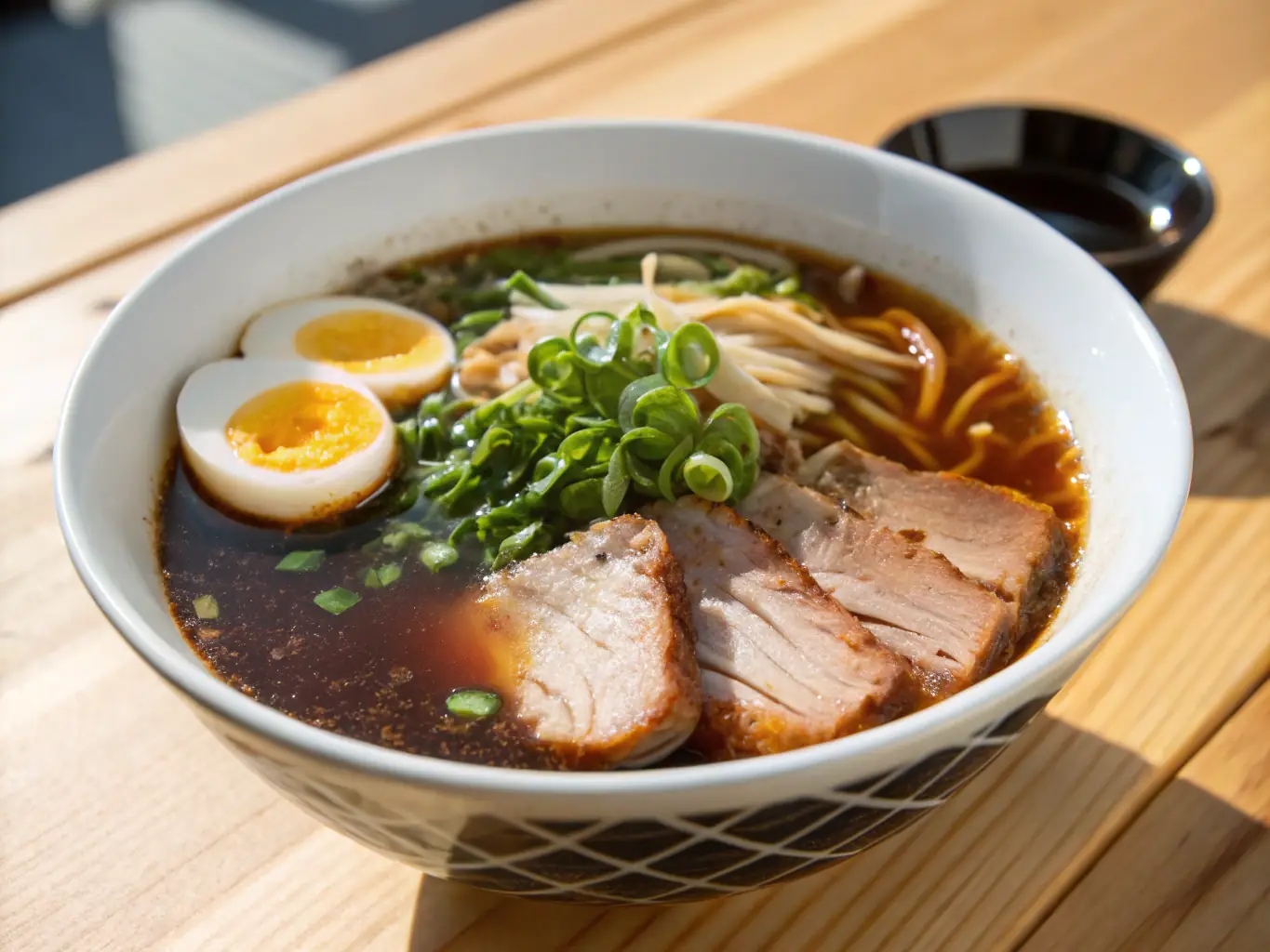 A steaming bowl of Ramen, a Japanese noodle soup, with various toppings such as sliced pork, seaweed, and a soft-boiled egg. The image should emphasize the rich broth and the comforting warmth of the dish.