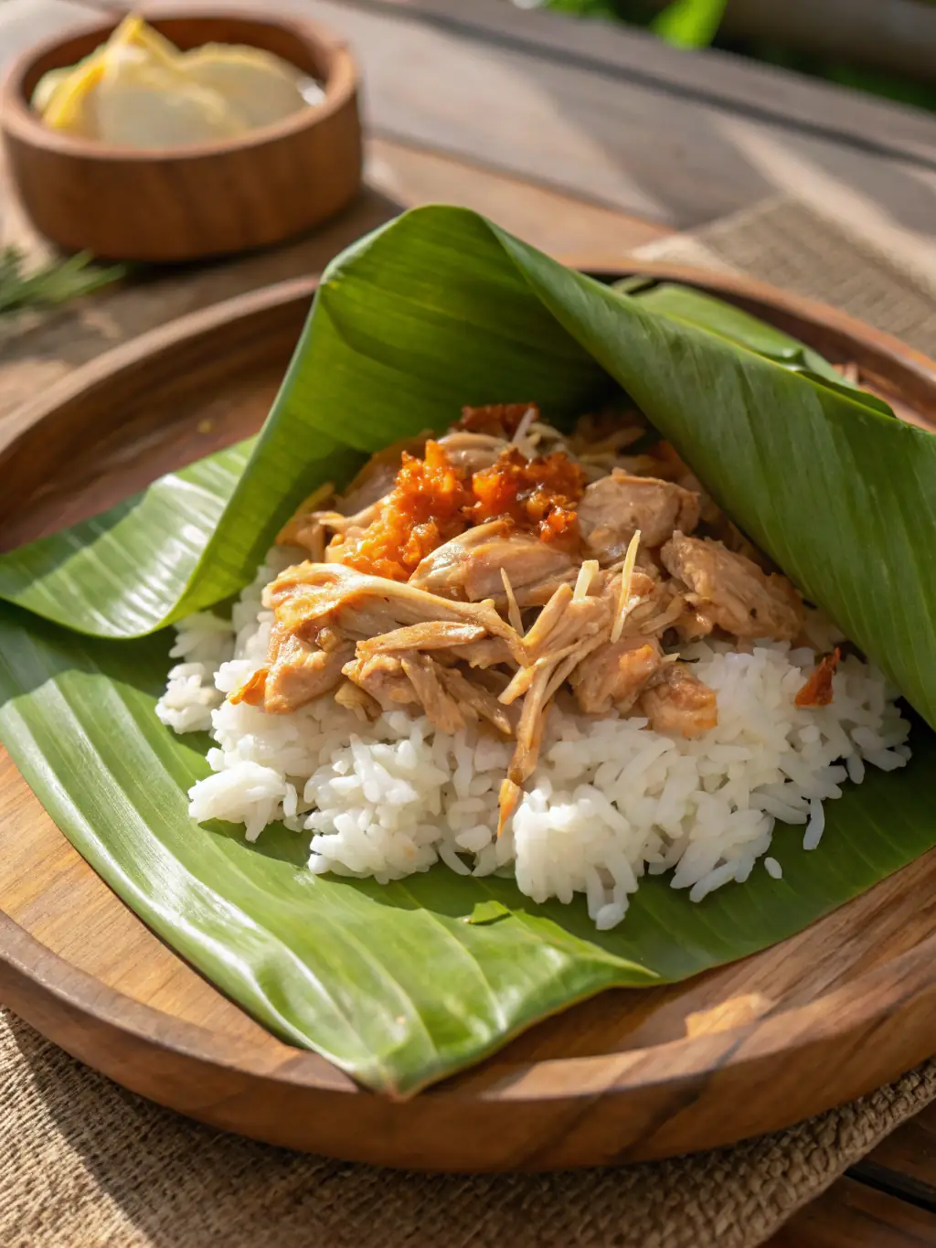 A close-up shot of Chicken Inasal, showcasing its vibrant colors and grilled perfection, served on a banana leaf with a side of rice.