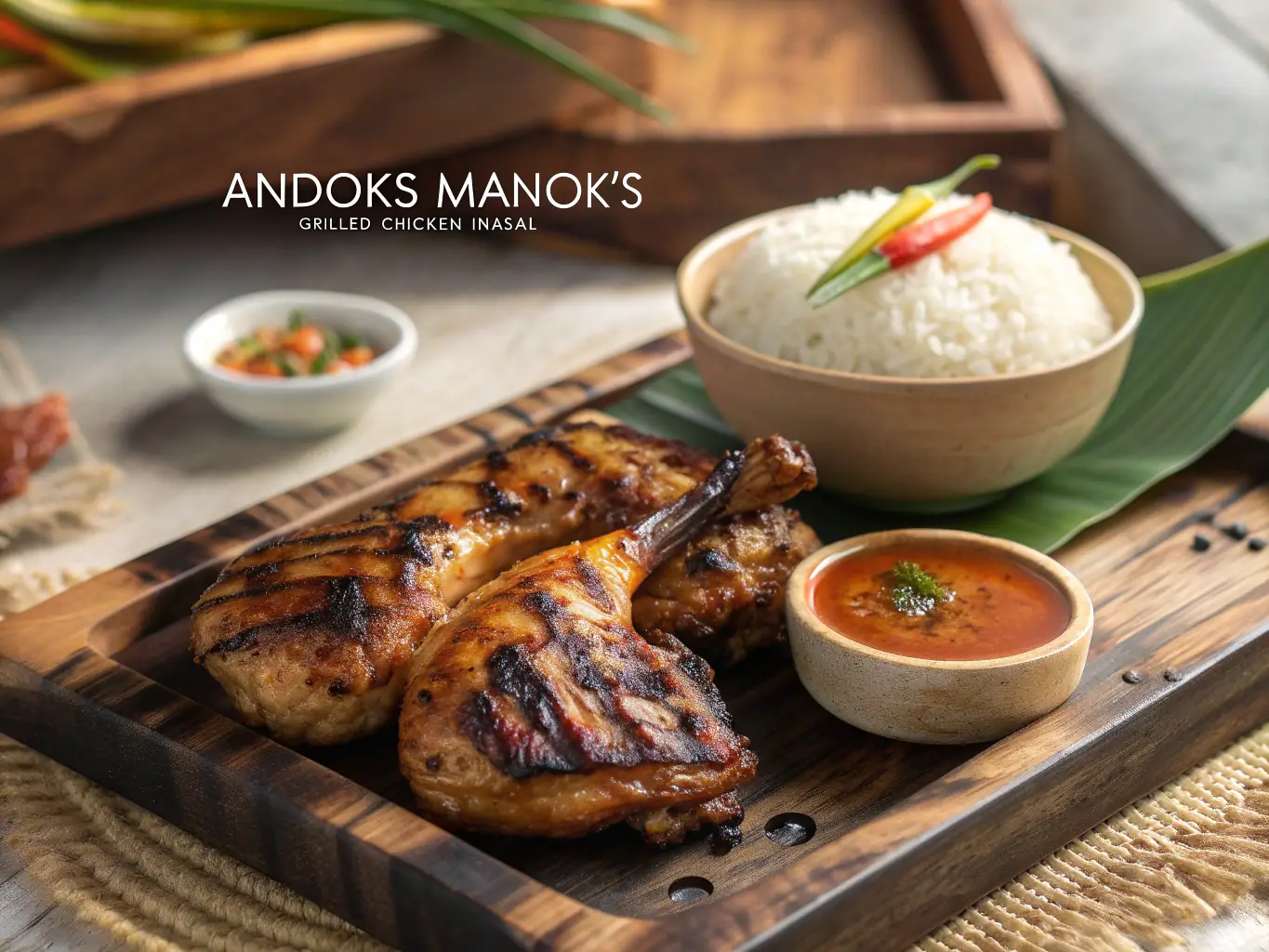 A close-up shot of sizzling Chicken Inasal, a popular Filipino grilled chicken dish, served on a banana leaf with rice and a side of atchara. The image should highlight the smoky char and vibrant colors of the dish.