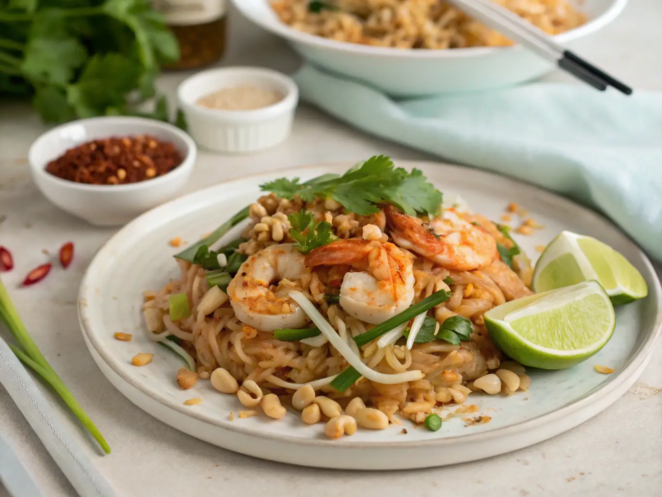 A beautifully plated serving of Pad Thai, a popular Thai noodle dish, garnished with peanuts, lime, and fresh herbs. The image should capture the vibrant colors and textures of the dish.