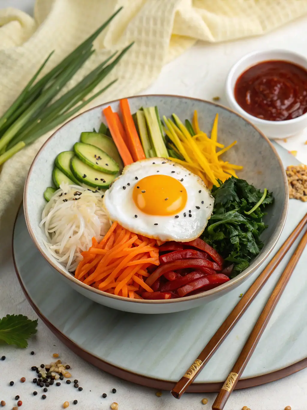 A colorful and appetizing presentation of Bibimbap, with various seasoned vegetables, rice, a fried egg, and gochujang sauce in a stone bowl.